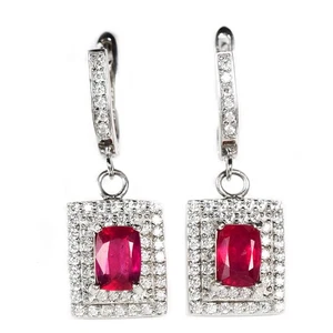 925 STERLING SILVER DANGLE EARRING GENUINE BLOOD RED RUBY & WHITE CZ GEMSTONE - Picture 1 of 10