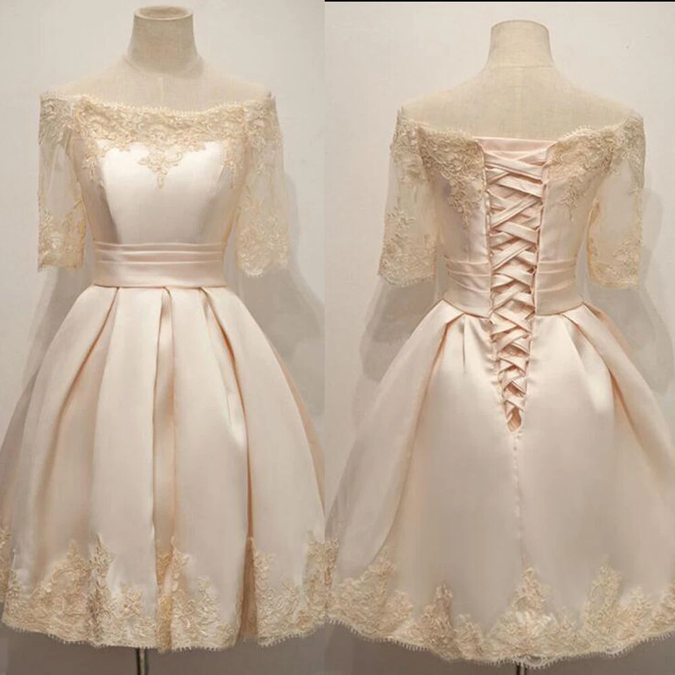 Vintage Short Wedding Dresses Knee Length Lace Satin Champagne Bridal Gowns - Image 1 of 4