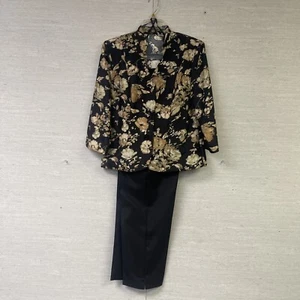 Women's Pant Suit Black Gold Floral 100% Polyester Sz 10 Silky Feel Material - Picture 1 of 15