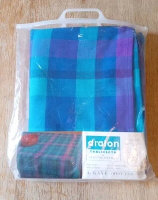Vintage Dralon Tablecloth By A Ludwig Svensson 55" x 90" Blue Purple Checkered  - Image 1 of 4