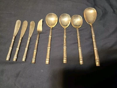 Lote de 8 colheres e talheres vintage de bambu dourado - Imagem 1 de 3