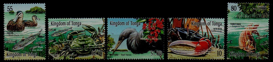 TONGA, SCOTT # 1048-1052, SET OF 5 YEAR OF MANGROVE, DUCK, EMPEROR FISH, CRAB - Image 1 of 1