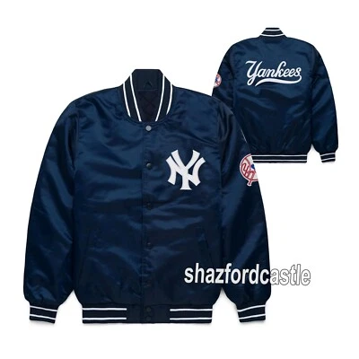 NY Yankees 90s Vintage Style Satin Bomber Jacket Athletic Varsity Jacket Blue - Image 1 of 4
