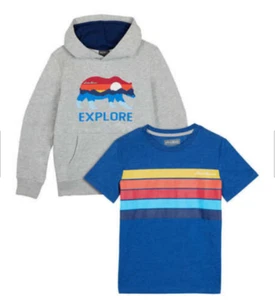 Eddie Bauer Boy's 2 Pc Set Outfit Fleece Hoodie Graphic T-Shirt Gray/Blue L NWT - Picture 1 of 5