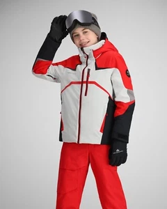Obermeyer Mach 15 Ski Jacket Boy Large White Red Full Zip Hooded Outdoor ERK1512 - Picture 1 of 12