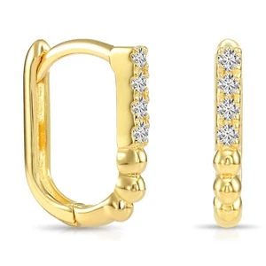 14K Real Solid Gold Dainty Pave Diamond Small Huggie Hoop Earrings Labgrown 12MM - Picture 1 of 16