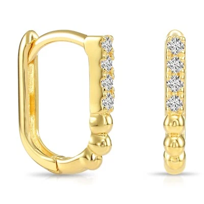 14K Real Solid Gold Dainty Pave Diamond Small Huggie Hoop Earrings Labgrown 12MM - Image 1 of 4