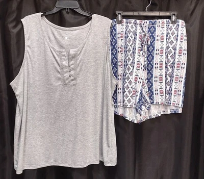 2X LIZ CLAIBORNE PUNTO PIJAMA CONJUNTO GRIS TOP PULL-UP CORBATA DELANTERA MEDALLÓN PANTALONES CORTOS Foto 1 de 4
