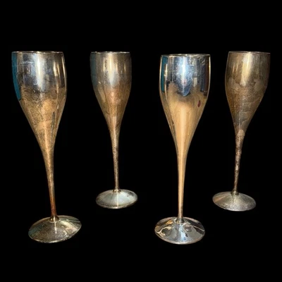 复古镀银黄铜香槟长笛 4 件套钢化玻璃 10 英寸高 — 第 1/4 张图片