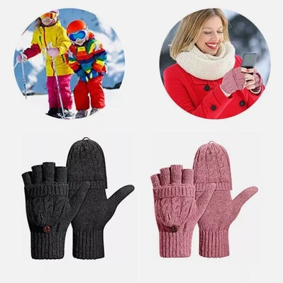Damen Strick Klapp Handschuhe Fäustlinge Fingerlose Halbfinger Winterhandschuhe - Bild 1 von 4