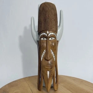 Inlaid Wood Tribal Handcarved Face Mask Mother of Pearl Rarotonga Cook Island - Picture 1 of 11