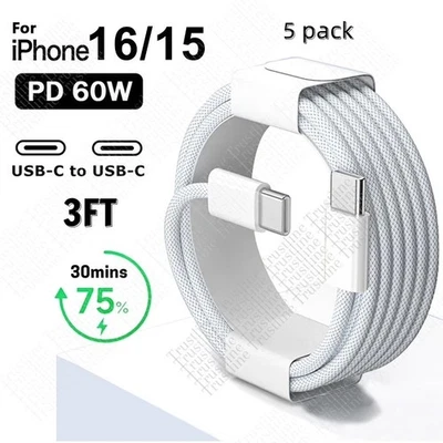 5 pack 3ft Braided USB-C to USB-C Fast Charger Cable For iPhone 17 16 15 Pro Max - Image 1 of 4