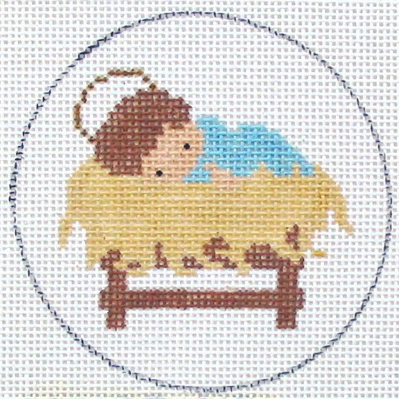 CAT'S CRADLE Babe in a Manger Christmas Ornament Hand Painted Needlepoint Canvas