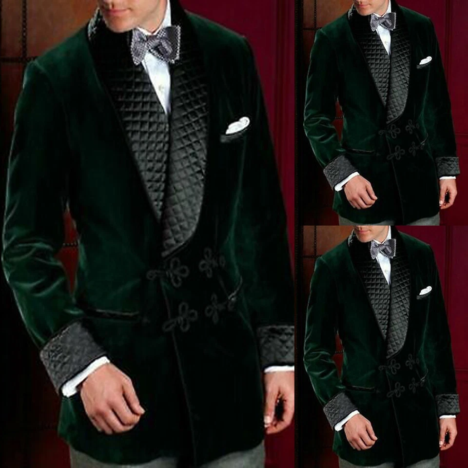 Men Vintage Velvet Smoking Suits Jacket Robe Shawl Lapel Tuxedo Blazer Tailored - Image 1 of 4