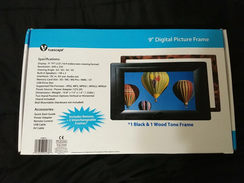 Vuescape 9" 16x9 Digital Picture Frame. Wood or Black frame. Remote, AV out... - Image 1 of 4