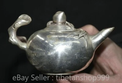 Bandera de tetera de vino con patrón de hoja de bambú plateado de la antigua dinastía china de 4,8" Foto 1 de 4