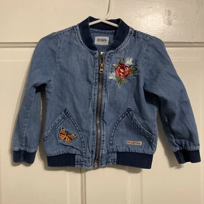 Hudson Girls Denim Jean Embroidered Roses Zip Bomber Jacket Pockets Size 2t - Image 1 of 4