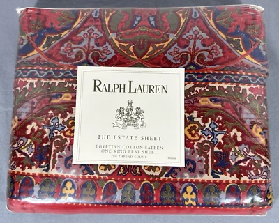 Ralph Lauren Galahad Rojo Paisley KING Sábana Plana Satén NUEVO Raro Sellado  Foto 1 de 4