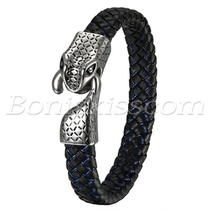 Mens Biker Braided Leather Bracelet Stainless Steel Snake Head Clasp Bangle Cuff - Picture 1 of 6