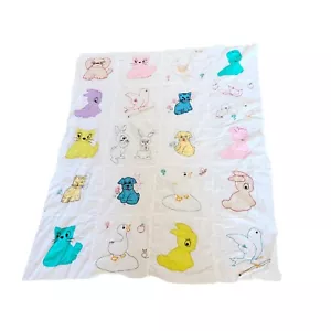VINTAGE Applique & Embroidered Baby Quilt TOP Animals Dogs Cats Birds 33" x 42" - Picture 1 of 9
