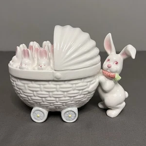 Vintage Fitz & Floyd Bunny Buggy Keramik bedeckt Süßigkeitenschale Ostern 7,5x3,75x5" - Bild 1 von 13