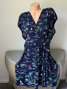 Lands End Knot Dress 2X 20-22w Navy Blue Nautical Coastal Palm Sailboat Surplice - Picture 1 of 6