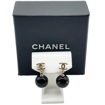 Auth  Chanel Coco Mark 10A Silver Black Ball Earrings 4.33G W/Box SK100720 - Image 1 of 4