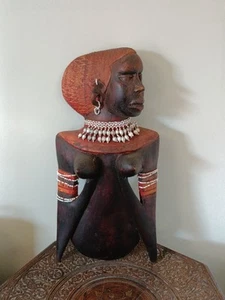Vintage African Hand Carved Wood Wall Hanging African Woman With Beads Art - Picture 1 of 12