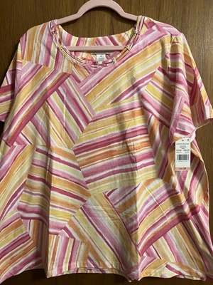 NWT Alfred Dunner Womans 2X Colorful Pink Orange Geometric Top, Short Sleeves - Image 1 of 4