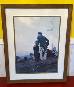 Norman Rockwell Looking Out To Sea Print Fisherman Dog & Boy 21" x 17" Framed - Picture 1 of 8