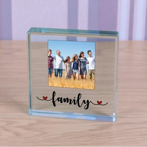 Family - Personalised Photo Picture Glass Block Ornament Family Gift 9cm - Picture 1 of 3