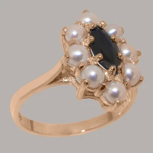 Solid 18k Rose Gold Natural Sapphire & Pearl Womens Cluster Ring - Sizes 4 to 12 - Picture 1 of 5