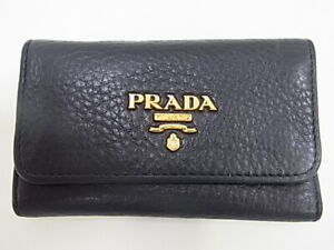 Prada 6 Key Case 1PG222 Black Gold Leather Key Chain Key Ring 1PG222 Used