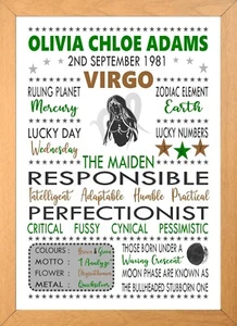 PERSONALISED VIRGO Star Sign Zodiac Birthday Horoscope A4 Print - Picture 1 of 18