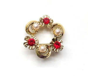 Vintage Schmuck Goldton Rot Strass und Weiß Perle Blume Brosche, vorgeschuldet - Bild 1 von 7
