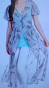 Women Chiffon Flutter Sleeves Button Front Maxi Duster TOPPER & tie Waist-Size S - Picture 1 of 6