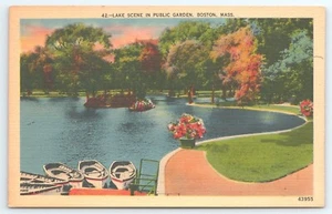 Postcard Lake Scene in Public Garden Boston Massachusetts - Picture 1 of 2