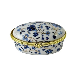 Vintage Porcelain Gold Plated Trim Floral Blue Oval Trinket Pill Box - Bild 1 von 5