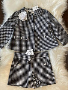 $105 Janie and Jack Girls 6 5-6 Navy  Gingham Check Jacket Shorts Suit Outfit - Picture 1 of 10