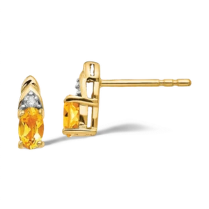 14K Solid Yellow Gold Citrine Diamond Dangle Stud Earrings - Picture 1 of 4