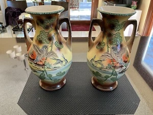 Pair Of Pre 1891 Nippon Moriage Vases With Birds 12” High X 6-1/2” - Picture 1 of 6