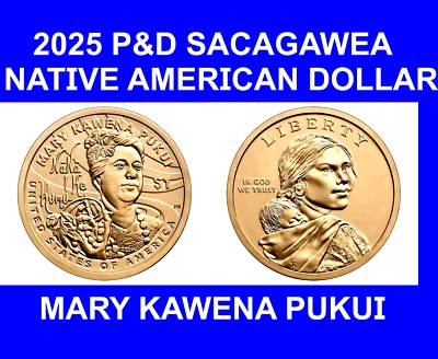 2025 P&D Sacagawea $1 Nativo Americano 2 MONEDAS MARY KAWENA PUKUI Foto 1 de 2