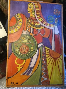 Vintage mid Century Modern Libra Zodiac Sign Original Painting Folk Art Signed - Picture 1 of 7