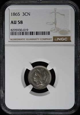 1865 Three Cent Piece Copper Nickel 3CN NGC AU58 - Image 1 of 4