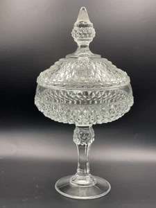 Vintage Indiana Glass Diamond Point Pedestal Candy Dish Compote W/Lid Clear 12" - Picture 1 of 10