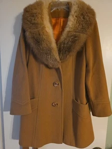 Cappotto donna vintage Fashionbilt Casuals lana pelliccia orlo colletto cintura marrone USA ILGWU - Foto 1 di 7
