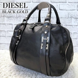 Diesel Black Gold Leather Boston Bag Unisex 2-Way Black Luxury Authentic - Picture 1 of 14