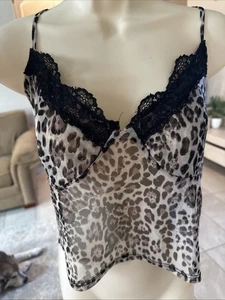 Forever 21 Leopard Animal Print Black Lace Trim V-Neck Cami Tank Top Camisole XL - Picture 1 of 3