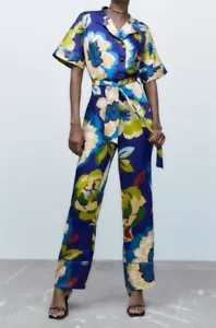 ZARA Women Blue Multicolored Floral Print Short Sleeve Belted Jumpsuit Sz M NWT - Picture 1 of 11