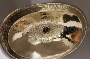 19"X14" Etched Oval Solid Brass Sink For Bathroom - inch Moroccan Basin Vanity - Picture 1 of 7